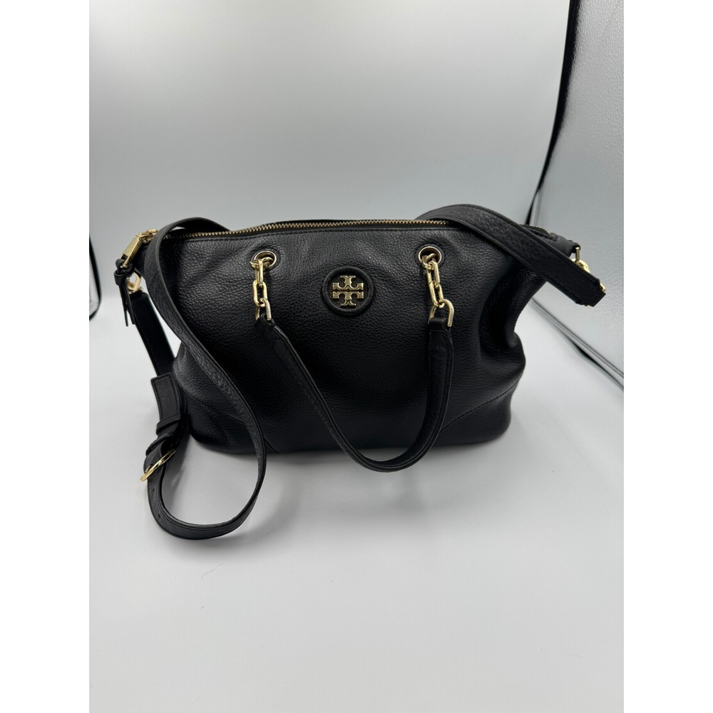 Tory Burch Black Pebbled Leather Satchel Crossbody Bag Gold Hardware Logo